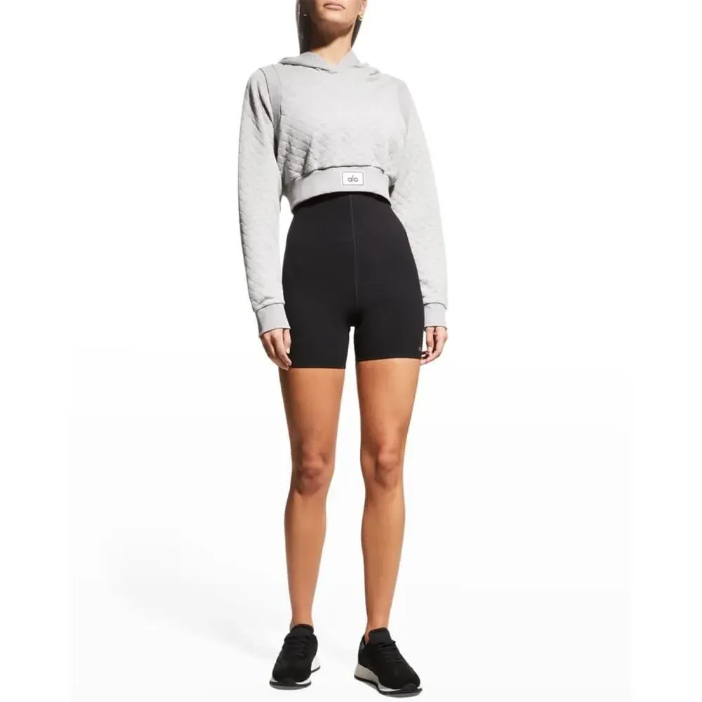 Alo Yoga Quilted Cropped‎ Arena Hoodie Gray Diamond Knit Pullover Gym Sweatshirt